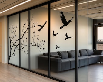 Bird Tree Window Decal | Office Glass Privacy Sticker | Flying Birds Vinyl Mural | Business Home Decor | Large Peel Stick Glass Art