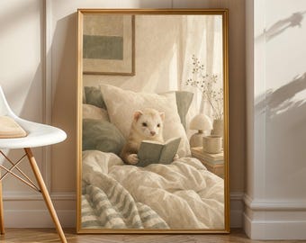 Champagne Ferret Reading in Bed Poster | Modern Soft Gouache Ferret Wall Art | Warm Beige Oat Milk Decor | Cozy Minimalist Bedroom Print