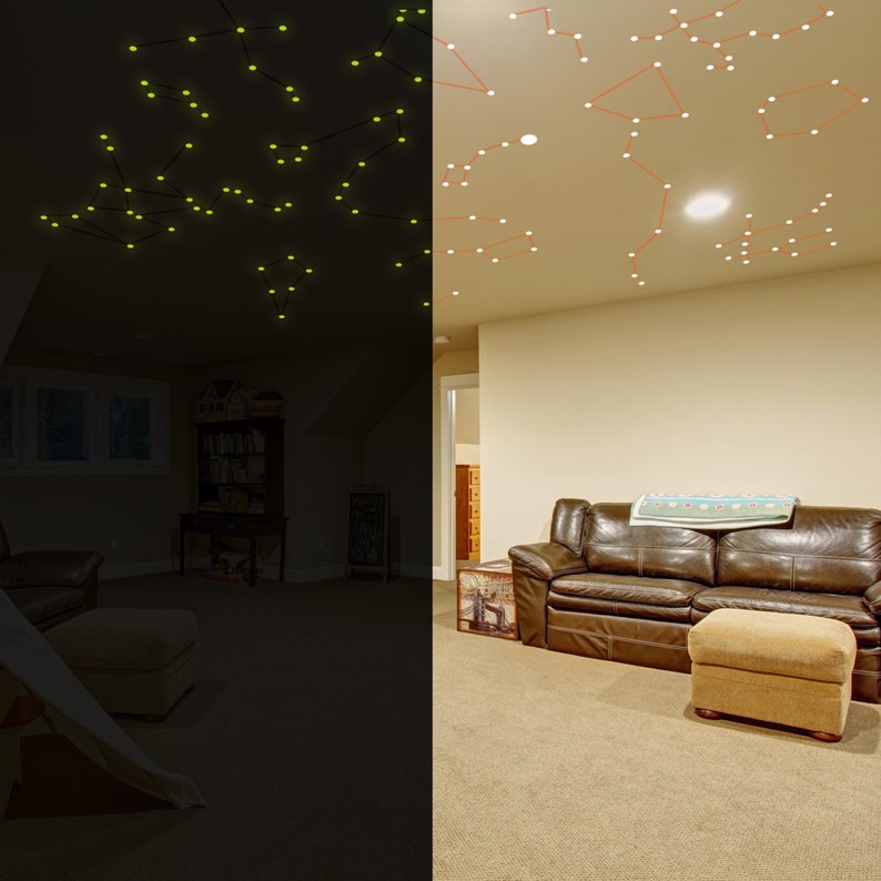 Glowing Vinyl Ceiling Decal Star Map With Color Lines Glow In The Dark Constellations Sticker Luminescent Milky Way Free Decal Gift