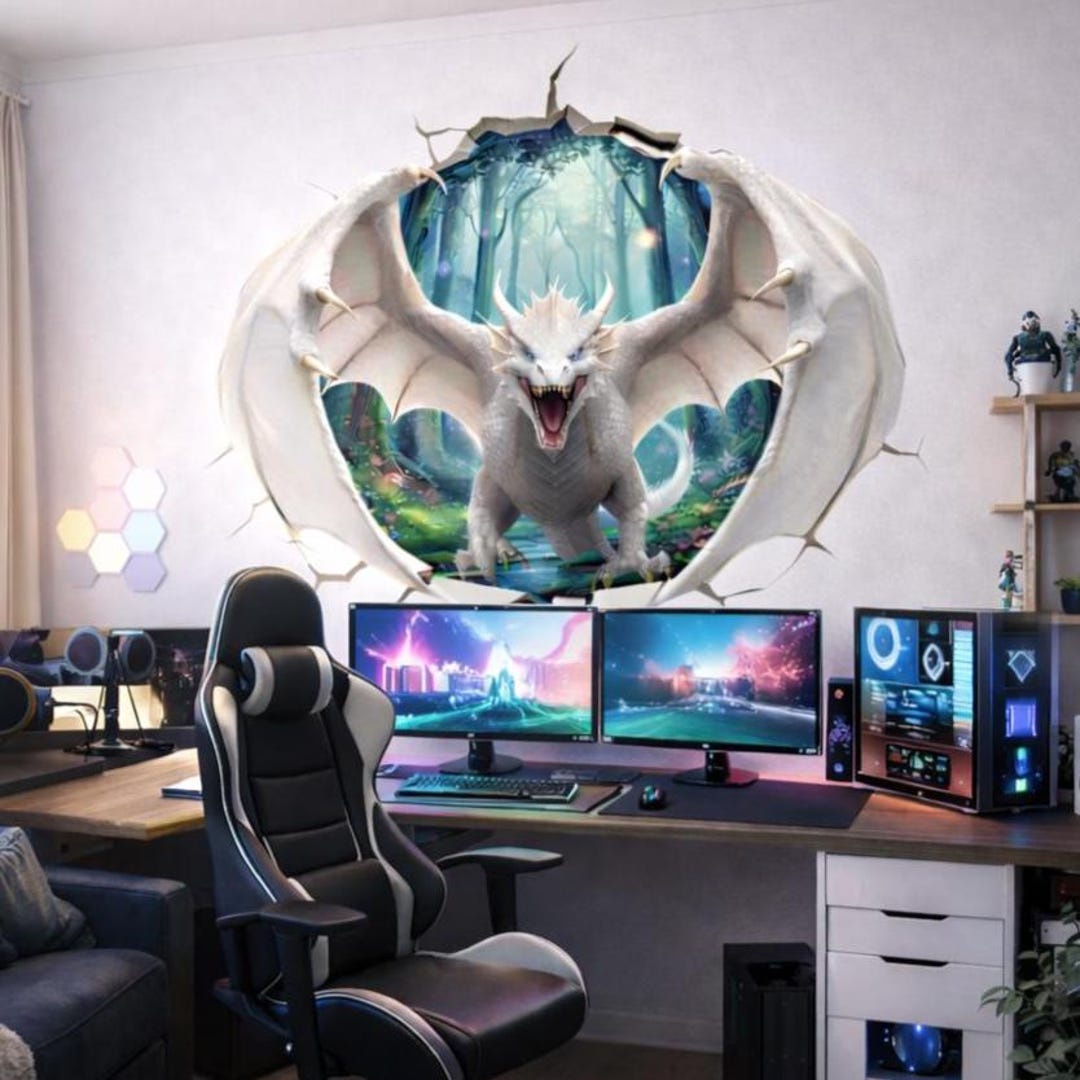 White Dragon Wall Decal | 3D Wall Mural | Fantasy Art Sticker | Kids ...