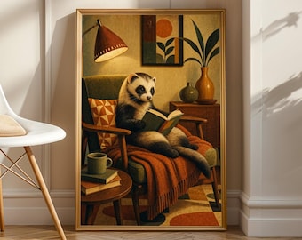 Panda Ferret Reading in Armchair Poster | Mid Century Modern Ferret Wall Art |  Yellow Burnt Orange Decor | Cozy Retro Living Room Print