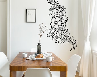 Henna Tattoo Wall Vinyl Sticker - Floral Fleur Mandala Art Paisley Mehndi Décalcomanie indienne - Décor Inspiré Pochoir Noir Home Room Joga Mural