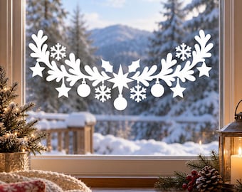 Christmas Garland Window Decal with Ornaments and Snowflakes | White Vinyl Wall Sticker | Scandinavian Winter Indoor Glass Window Decor