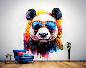 Calcomanía de pared de panda vibrante con gafas de sol / Pegatina de oso con salpicaduras de acuarela / Decoración infantil de animales genial / Calcomanías divertidas para habitaciones infantiles