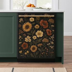 Vintage bloemen vaatwasserhoes | Botanische keukensticker | Magnetische verpakking zonnebloem | Vinylsticker met donkere bloemen, Peel Stick Vaatwasmachinedecoratie