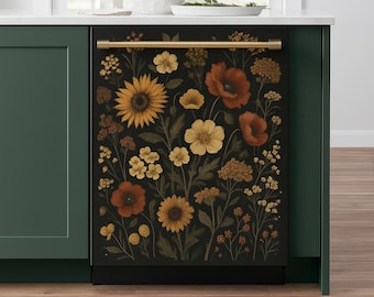Vintage Floral Dishwasher Cover | Botanical Kitchen Decal | Sunflower Magnetic Wrap | Dark Floral Vinyl Sticker Peel Stick Dishwasher Decor