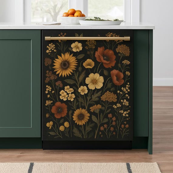 Vintage Floral Dishwasher Cover | Botanical Kitchen Decal | Sunflower Magnetic Wrap | Dark Floral Vinyl Sticker Peel Stick Dishwasher Decor
