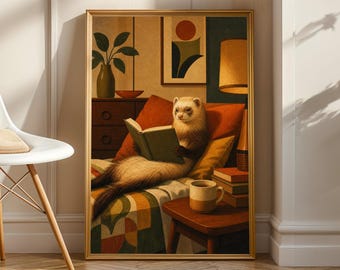 Champagne Ferret Reading in Armchair Poster | Retro Painterly Ferret Wall Art | Yellow Orange Decor | Cozy Mid Century Living Room Print