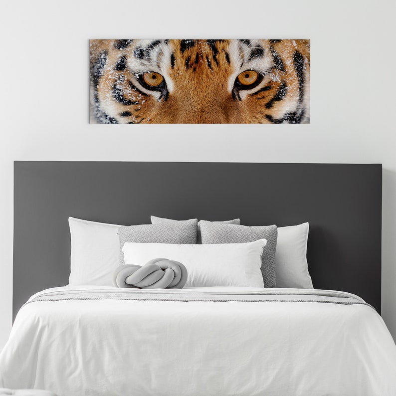 May include: Close-up of a tiger's face with orange and black stripes and bright yellow eyes. The tiger is looking directly at the camera.