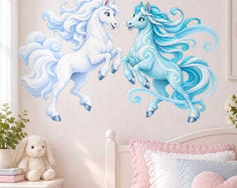Pair of Unicorn Vinyl Wall Decal | Blue and Turquoise Fantasy Horse Wall Sticker | Pastel Unicorn Nursery Decor | Kids Bedroom Wall Decor