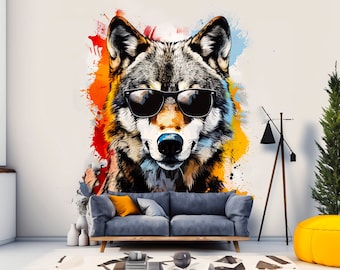 Bunter Wolf Wandaufkleber Aufkleber mit Sonnenbrille - Moderner Wolf Aufkleber - Lebendige Wolf Dekoration für Wohnzimmer - Cooles Geschenk für Wolf Liebhaber