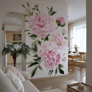Pink Peony Wall Mural | Large Floral Wall Decal | Romantic Flower Wall Art for Living Room or Bedroom | Removable Vinyl Botanical Sticker