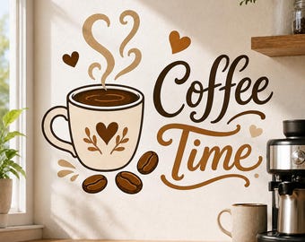 Coffee Time Wall Decal | Coffee Cup and Beans Vinyl Wall Sticker | Kitchen Coffee Bar Decor | Home Cafe Wall Decor | Coffee Station Wall Art