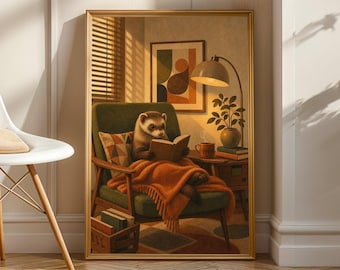 Cinnamon Ferret Reading in Armchair Poster | Retro Painterly Ferret Wall Art | Orange Brown Decor | Cozy Mid Century Living Room Print