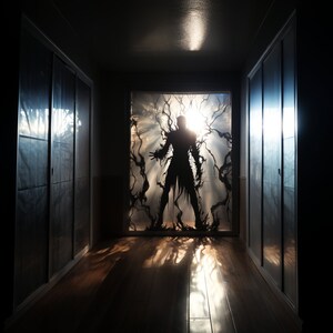 May include: A dark hallway with two closed doors on either side. A silhouette of a figure stands in a doorway at the end of the hallway, with light shining through the figure.