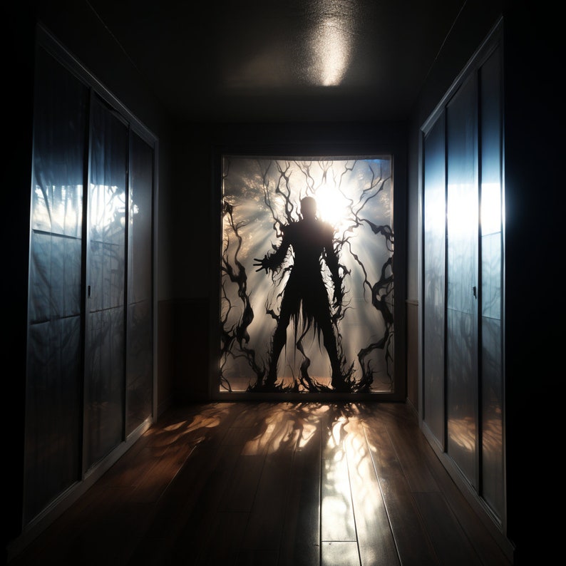 May include: A dark hallway with two closed doors on either side. A silhouette of a figure stands in a doorway at the end of the hallway, with light shining through the figure.