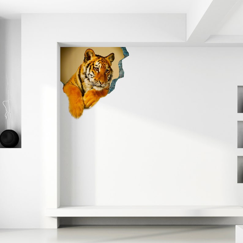 3d Tiger Sticker - Tiger Porthole Decoration Wall Decal For Bedroom- Boy Room Optical Illusion Of Crack - The Peel And Stick Kid Art image 6