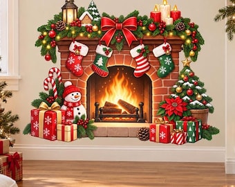 Christmas Fireplace Wall Decal | Holiday Mantel Wall Sticker | Stockings & Gifts Decor | Cozy Xmas Living Room Wall Art | Fireplace Wall Art