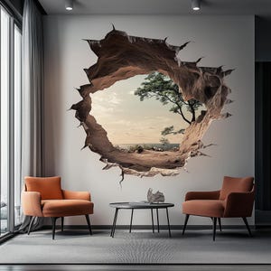 3D gebarsten muursticker | Realistische muursticker natuurzicht | Vinylmuurschildering optische illusie | Grote Peel Stick landschapsdecor moderne muurkunst