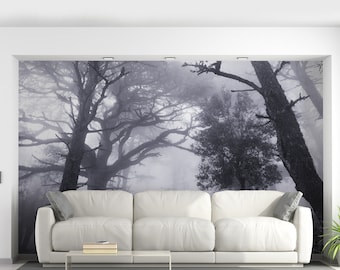 Misty Forest Wall Mural | Foggy Trees Wallpaper Sticker | Dark Forest Removable Wall Decal | Nature Woodland Scene | Living Room Wall Art