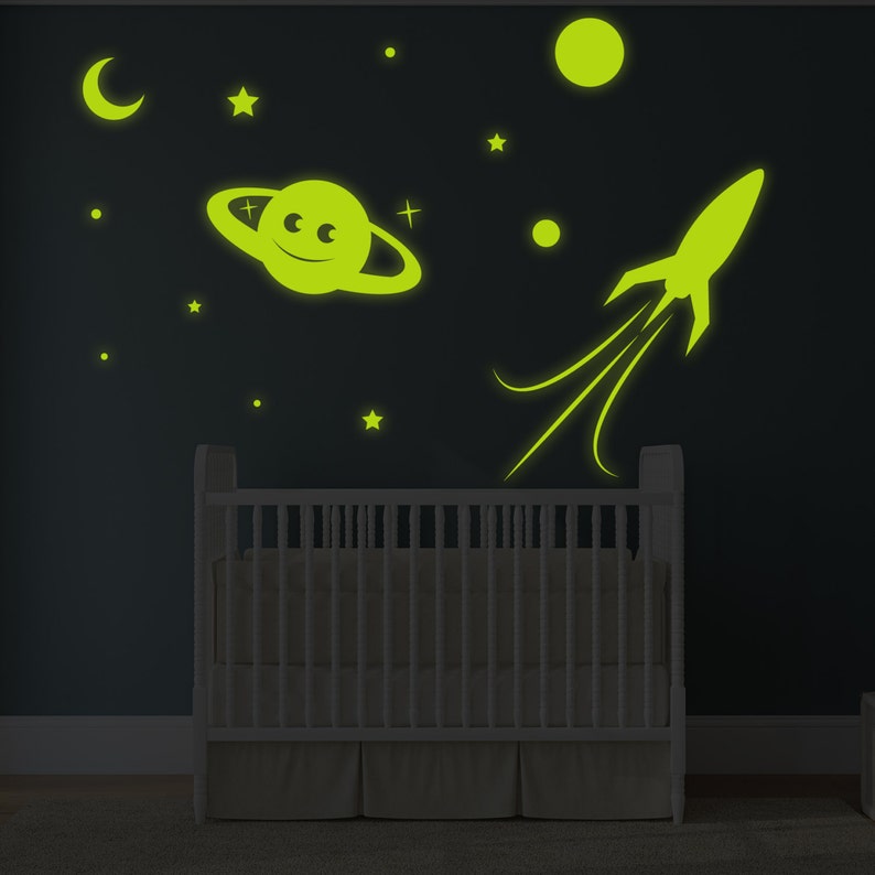 glowing planet rocket stars moon ceiling sticker glow in | etsy
