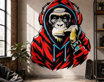 Gorilla Wall Decal with Headphones | Red Hoodie Monkey Wall Sticker | Urban Graffiti Wall Art for Gaming Room, Creative Studio or Urban Loft