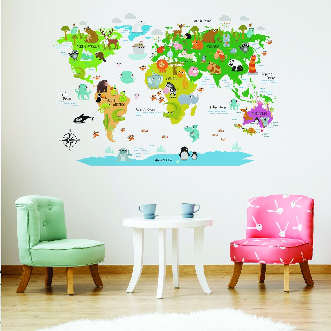 Kids World Map Wall Decal - Country Animal Room Decor Vinyl Sticker for ...