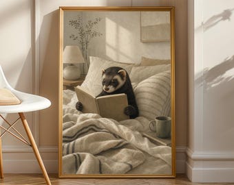 Black Sable Ferret Reading in Bed Poster | Scandinavian Gouache Ferret Wall Art | Warm Beige Charcoal Decor | Cozy Nordic Bedroom Print