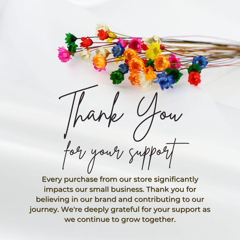 Peut inclure: Un bouquet de fleurs s&eacute;ch&eacute;es color&eacute;es, rouges, roses, bleues, oranges et jaunes, avec le texte "Thank You for your support" en &eacute;criture &eacute;l&eacute;gante. L'image exprime la gratitude et l'appr&eacute;ciation.