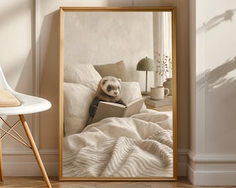 Mitt Ferret Reading in Bed Poster | Scandinavian Gouache Ferret Wall Art | Warm Beige Oat Milk Decor | Cozy Nordic Bedroom Print