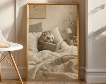 Silver Mitt Ferret Reading in Bed Poster | Scandinavian Gouache Ferret Wall Art | Warm Beige Neutral Decor | Cozy Nordic Bedroom Print