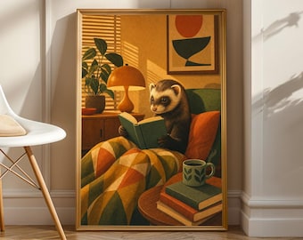Blaze Ferret Reading in Armchair Poster | Retro Painterly Ferret Wall Art | Yellow Burnt Orange Decor | Cozy Mid Century Living Room Print