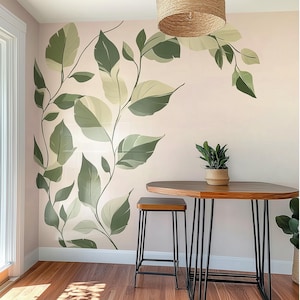 Sticker mural botanique | Décoration murale feuille verte | Art mural inspiré de la nature | Sticker mural amovible pour salle à manger | Décoration d'intérieur moderne