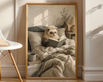 Frosted Ferret Reading in Bed Poster | Scandinavian Gouache Ferret Wall Art | Warm Beige Soft Ivory Decor | Cozy Nordic Bedroom Print