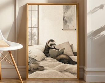 Sable Ferret Reading in Bed Poster | Japanese Zen Ink Wash Ferret Wall Art | Warm Ivory Fog Gray Decor | Minimalist Bedroom Print