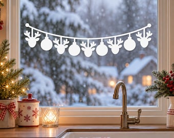 Christmas Garland Window Decal | Reindeer Ornament Window Sticker | Holiday Glass Decor | White Christmas Window Art | Festive Kitchen Decor