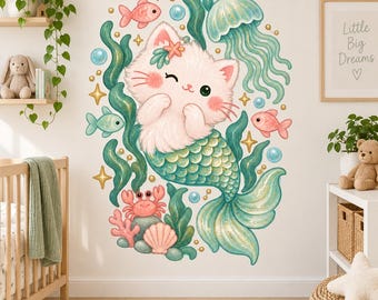 Mermaid Cat Wall Decal | Cute Kitty Mermaid Wall Sticker | Ocean Nursery Decor | Under the Sea Kids Room Decor | Sea Life Bedroom Wall Decor