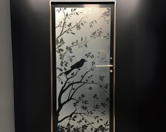 Elegant Frosted Black Tree Silhouette Decal for Glass Doors or Windows - Privacy Frosting Film with Etched Branch and Bird Sticker Design