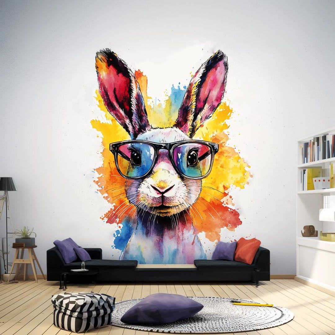 Vibrant Rabbit With Sunglasses Wall Decal | Fun Watercolor Bunny ...