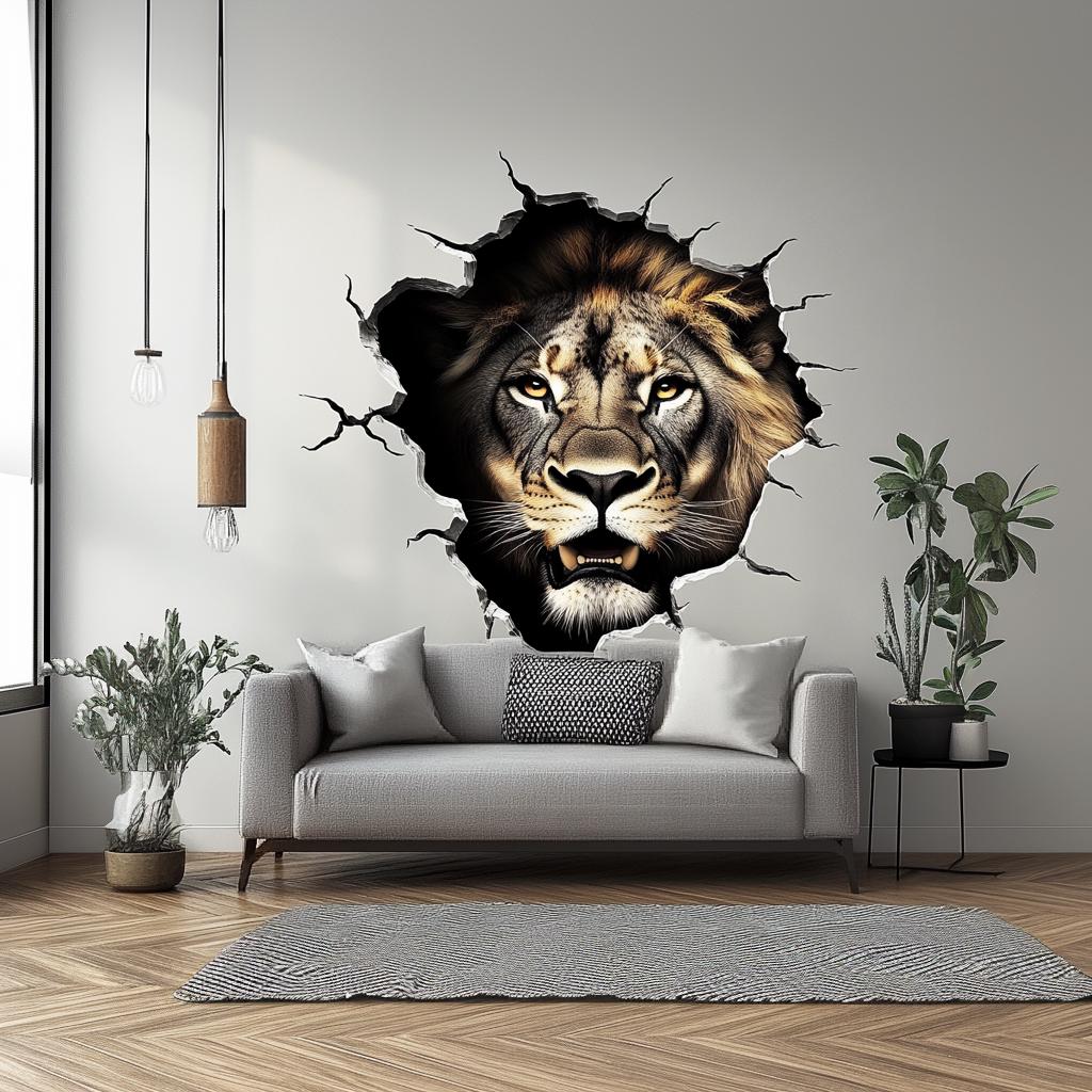 Lion Wall Decal | 3D Breakthrough Lion Head Sticker | Bold Animal Wall ...