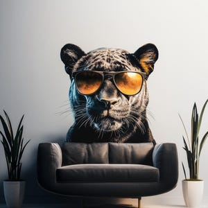 ブラックパンサー ウォールデカール | サングラスをかけたクールなビッグキャット壁画 | アーバンジャングル ビニールステッカー | モダンなリビングルーム オフィス装飾 | 剥がして貼るだけ