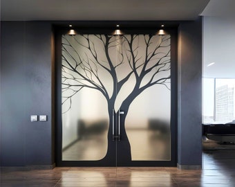 Frosted Black Tree Silhouette Decal for 2 Glass Door - Contemporary Privacy Frosting Sticker with Etched Leafless Tree Design for Window