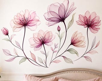 Pink Floral Wall Decal | Blush Flower Wall Sticker | Transparent Petal Wall Art | Romantic Bedroom Decor | Elegant Botanical Wall Decoration
