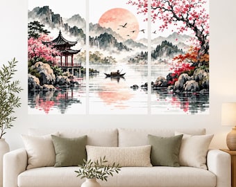 Asian Landscape Wall Decal Pagoda and Flowering Trees | Watercolor Mountain Lake Mural | Vinyl Living Room Decor | Cherry Blossom Wall Art