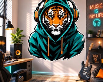 Tiger in Hoodie Wall Vinyl Decal | Gamer Tiger Headphones Sticker | Urban Animal Wall Art | Teen Bedroom Gaming Room Decor