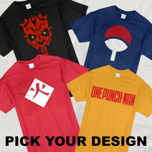 May include: Four different t-shirts with various designs. The first shirt is black with a red and yellow graphic of Darth Maul's face. The second shirt is blue with a red and white Sharingan symbol. The third shirt is red with a white square containing a Japanese character for fire. The fourth shirt is yellow with the text "ONE PUNCH-MAN" in red.