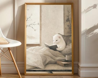 White Ferret Reading in Bed Poster | Japanese Zen Sumi-e Ferret Wall Art | Warm Ivory Fog Gray Decor | Minimalist Bedroom Print