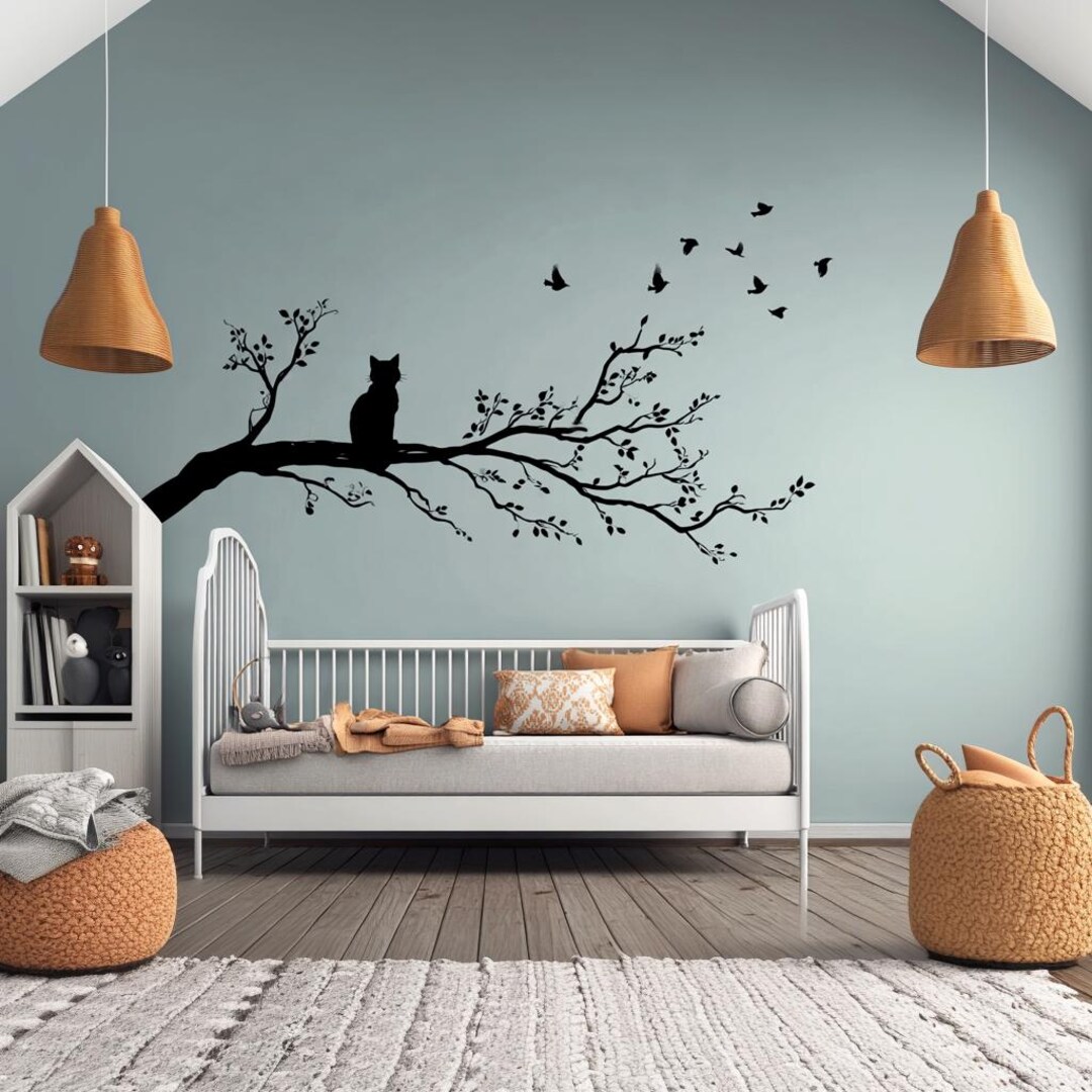 Cat on Tree Branch Wall Decal | Vinyl Cat and Birds Sticker | Nature ...