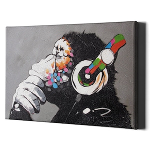 Banksy Art Print Canvas - Banksy Wall Art Stencil - Thinking Monkey Headphones Graffiti Art Canvas - Banksy Framed Canvas Prints