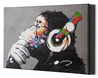 Thinking Monkey Headphones Canvas Wall Art Print - Banksy Dj Gorilla Thinker Nursery Large Framed Decor Music Funny Street Graffiti Bedroom